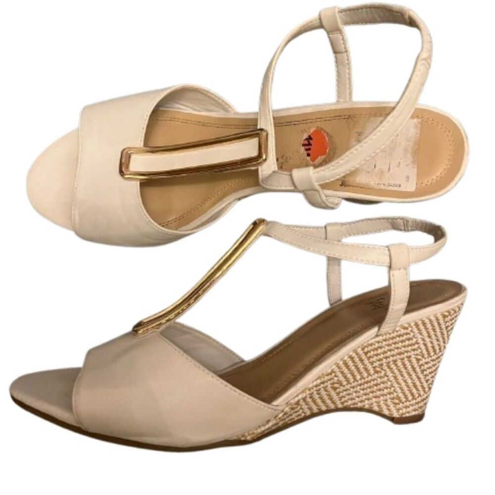 White & Woven Jute T-Strap Wedge Sandals with Gold Hardware